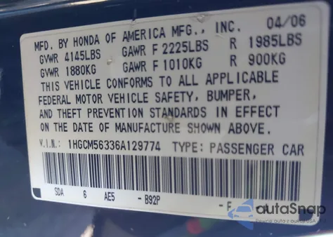 2006 Honda Accord 2.4 Se из США, поврежденный, VIN 1HGCM56336A129774